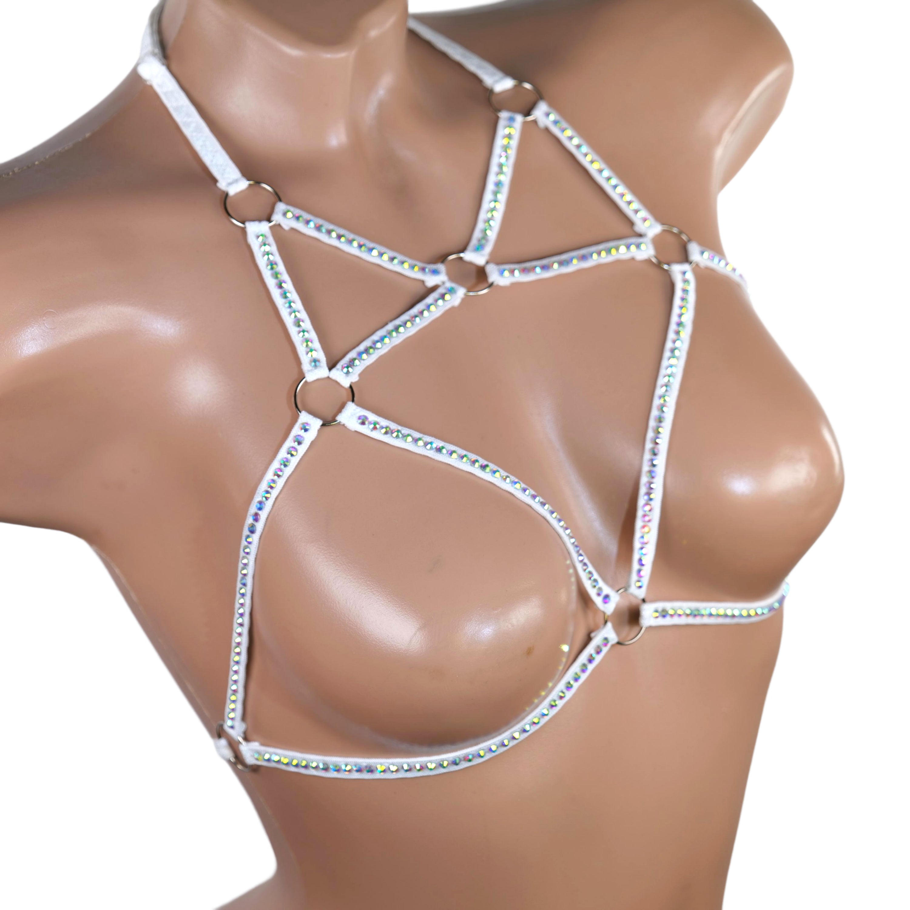 Top harnesses rhinestone Stripper outfits body plus size harness crystal lingerie extreme crotchless exotic dancewear open bra fetish bdsm
