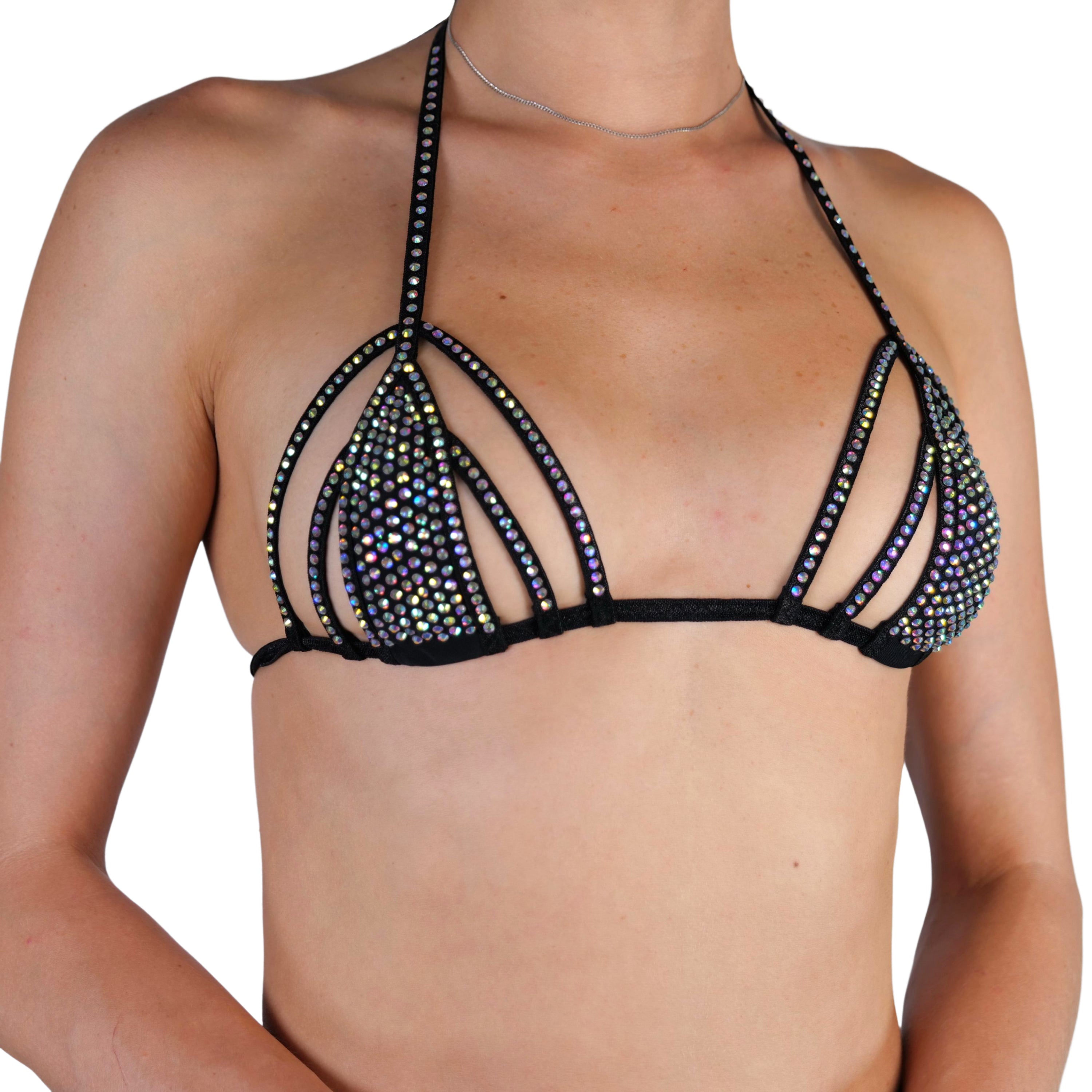 Bra extreme mini micro tiny top bikini slim exotic dancewear top thong bikini rhinestone bra erotic G open top crystal Stripper outfits