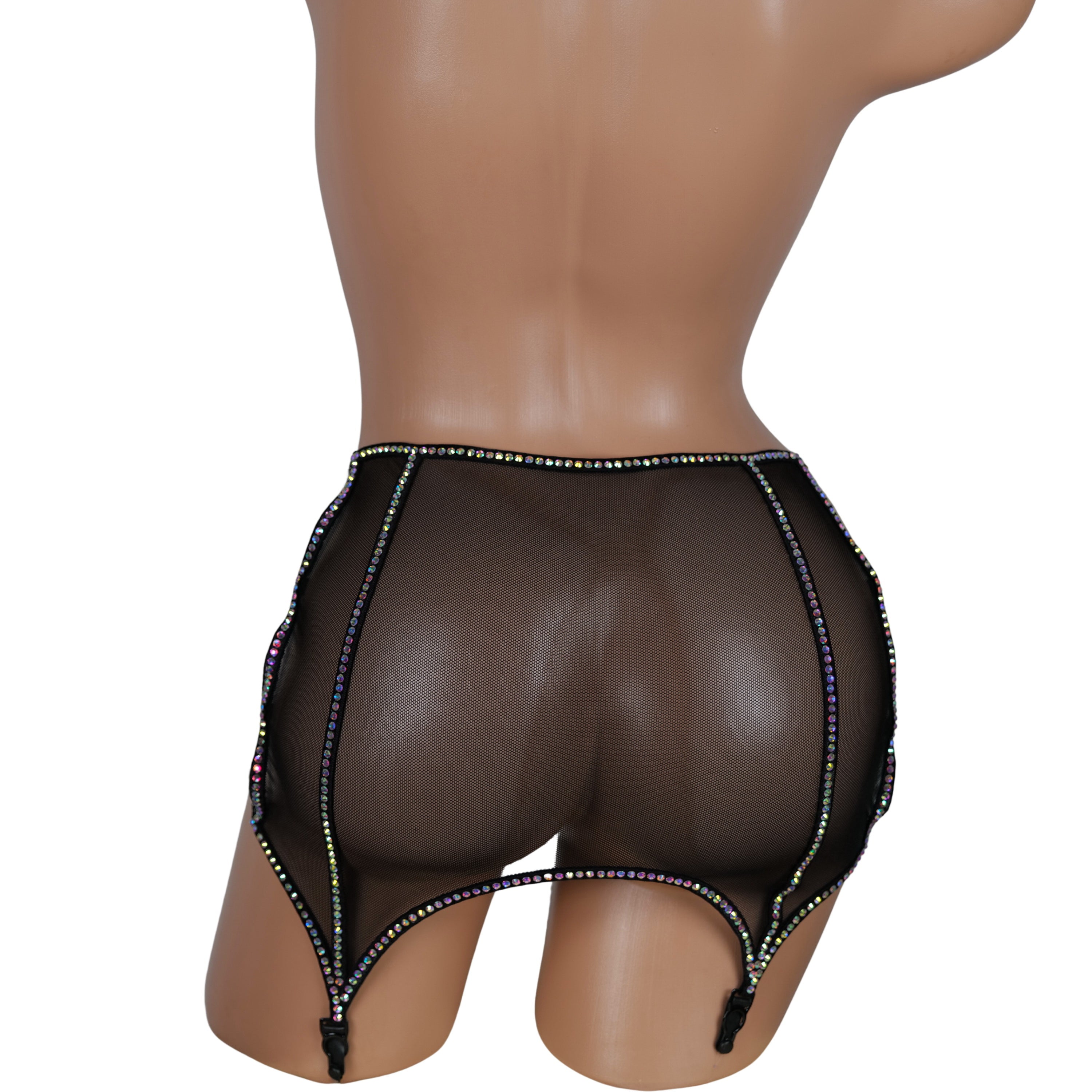 Exotic Dancewear Micro Mini Skirt, See Through Skirt, Black Rhinestone Skirt, Crystal Garter & Mini Skirt for Burlesque Costume, Stripper
