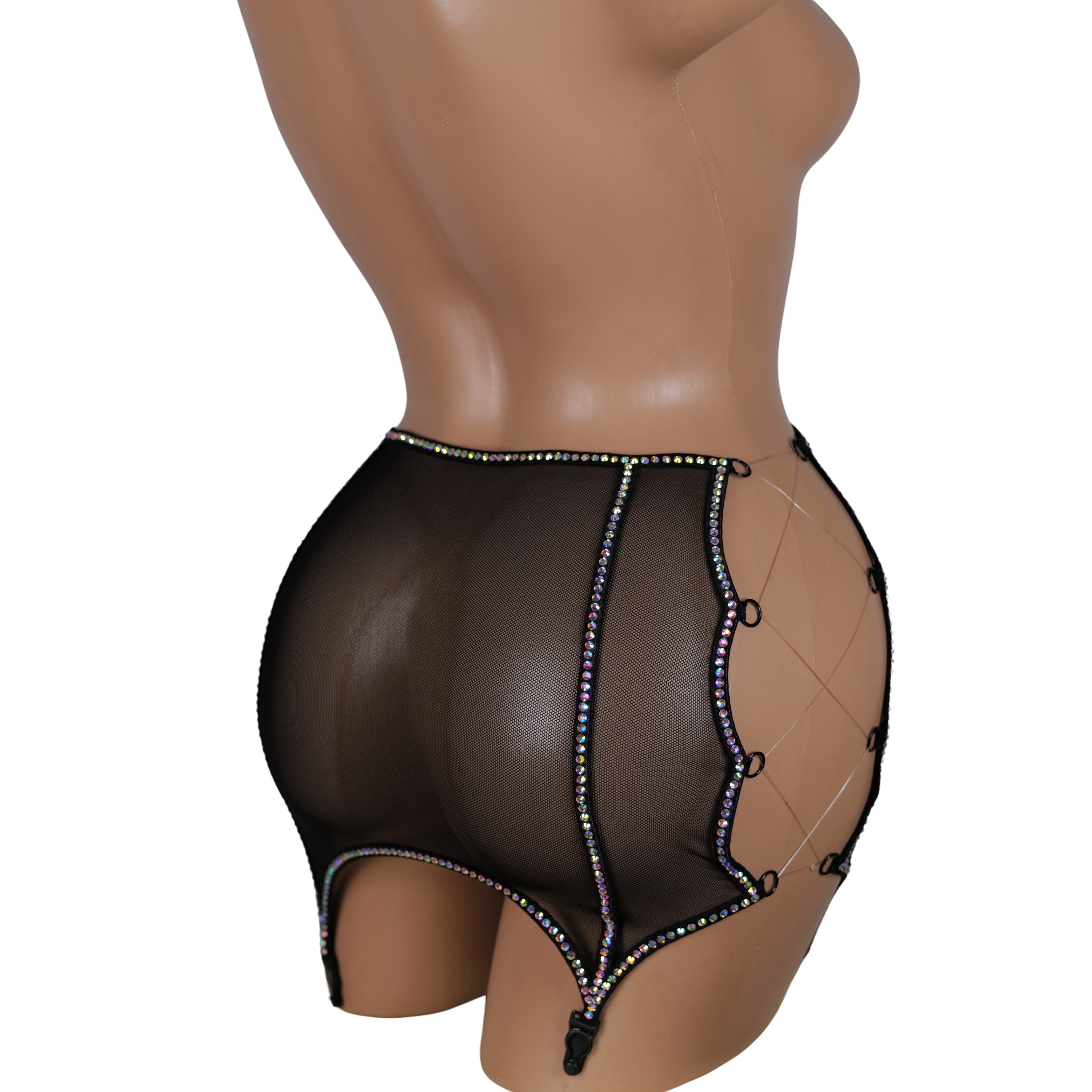 Exotic Dancewear Micro Mini Skirt, See Through Skirt, Black Rhinestone Skirt, Crystal Garter & Mini Skirt for Burlesque Costume, Stripper