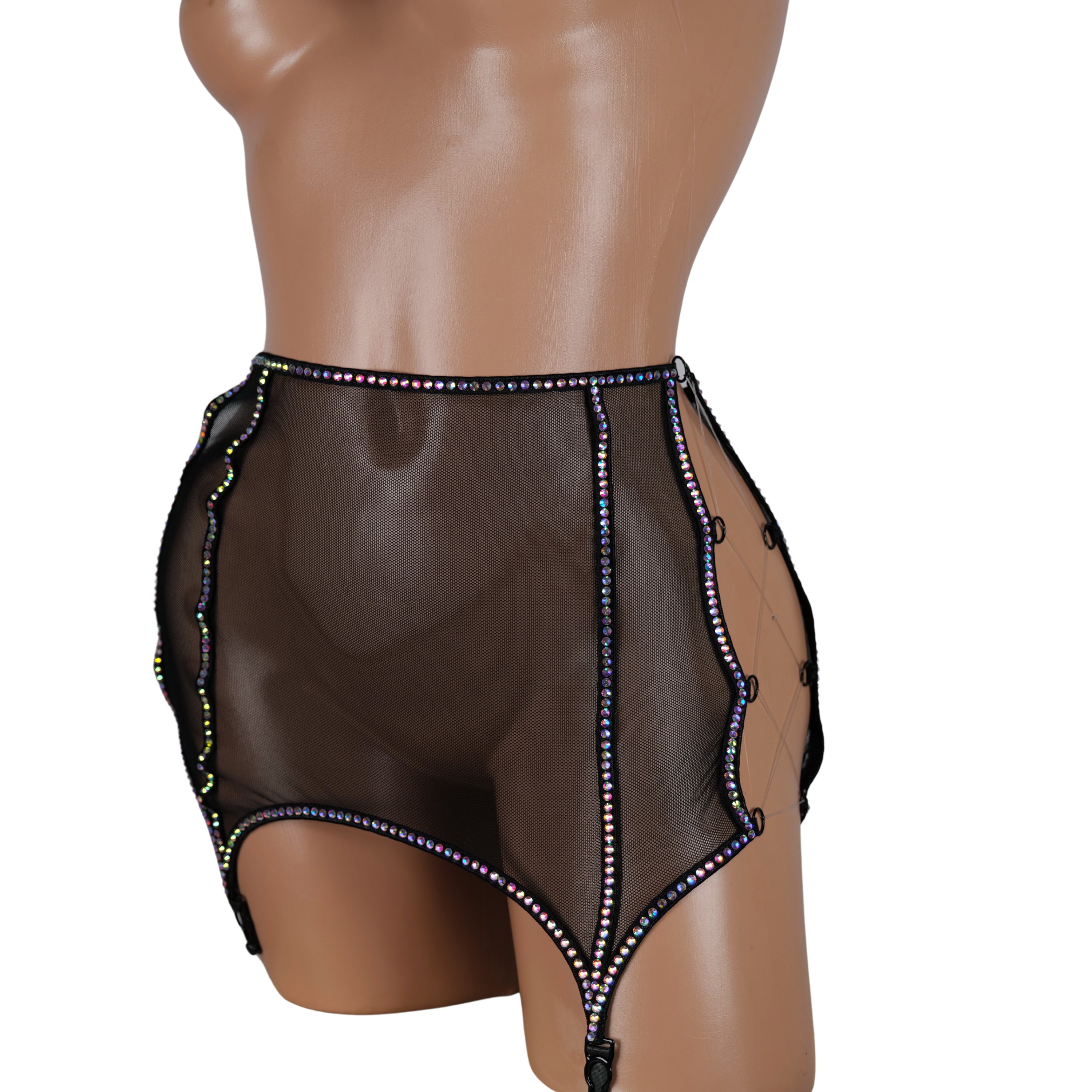 Exotic Dancewear Micro Mini Skirt, See Through Skirt, Black Rhinestone Skirt, Crystal Garter & Mini Skirt for Burlesque Costume, Stripper
