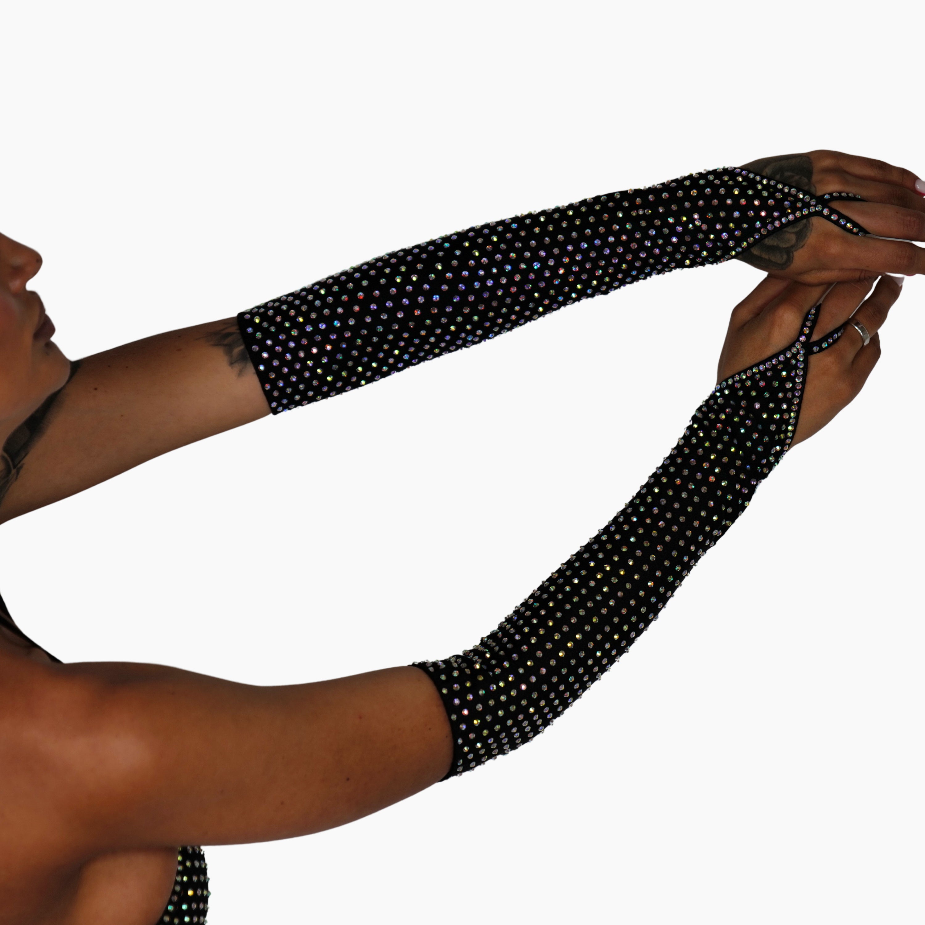 Rhinestone Gloves Perfect for Stripper Outfits, Sparkling Gloves, Exotic Dancewear, Long Mesh Fingerless Gloves for Burlesque Costume