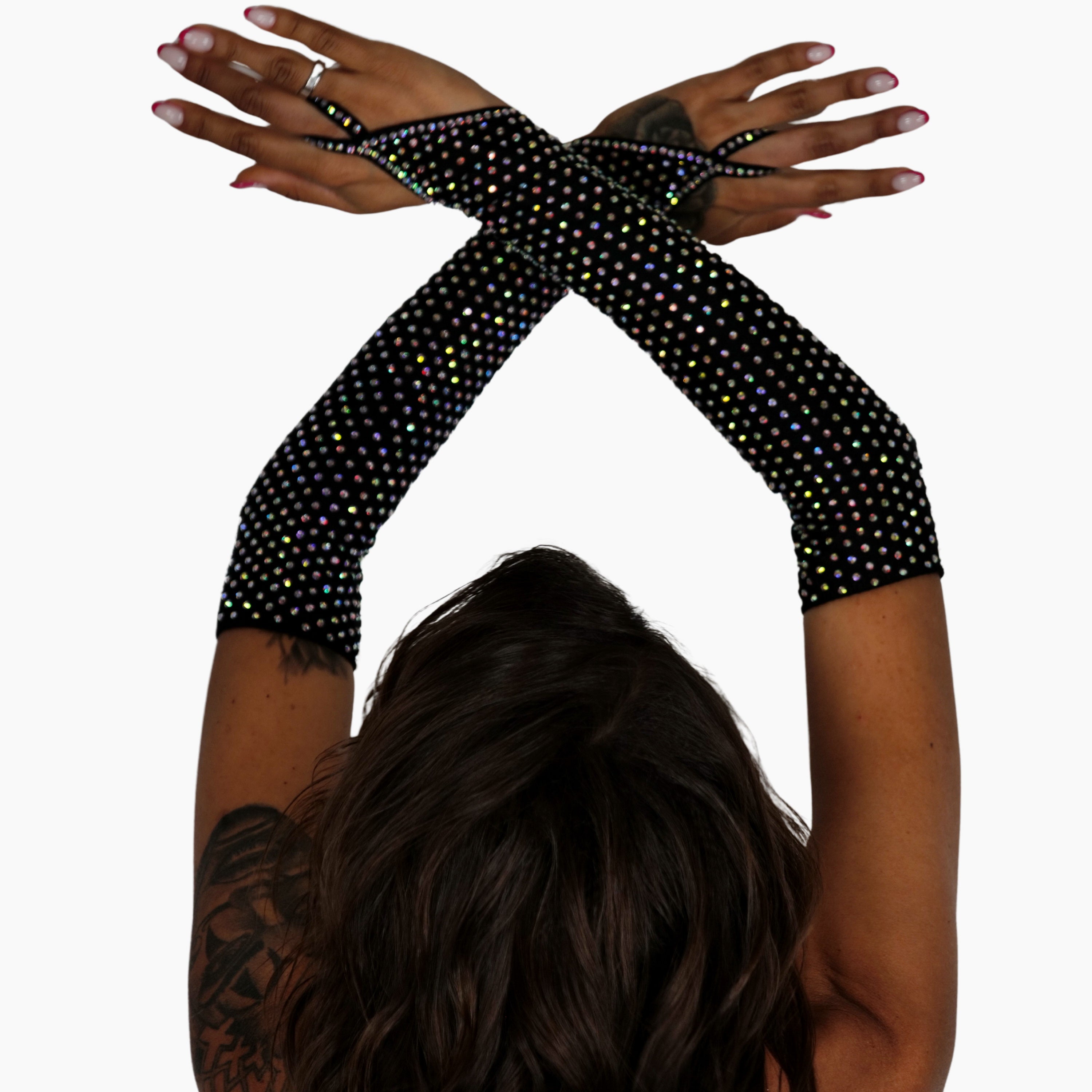 Rhinestone Gloves Perfect for Stripper Outfits, Sparkling Gloves, Exotic Dancewear, Long Mesh Fingerless Gloves for Burlesque Costume