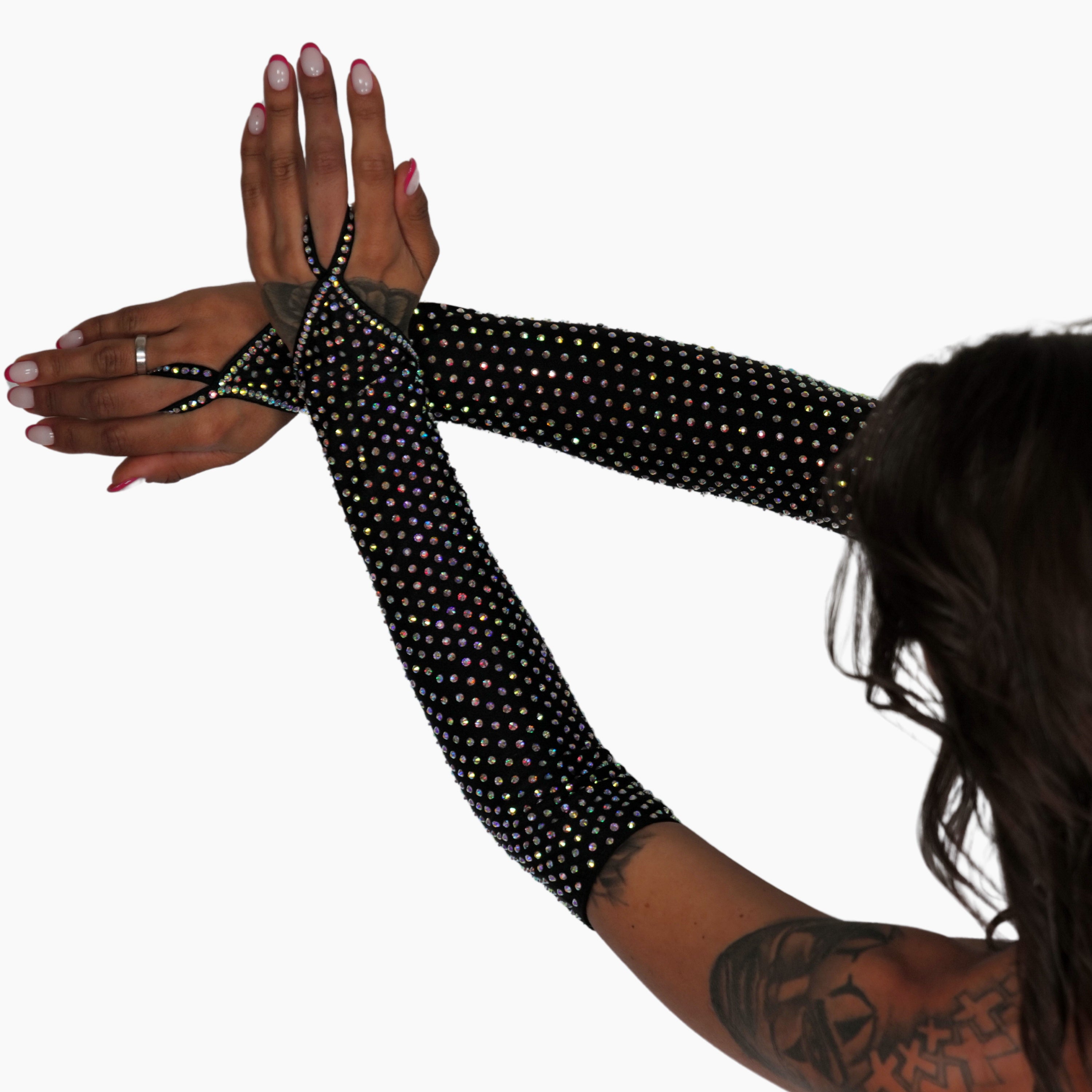 Rhinestone Gloves Perfect for Stripper Outfits, Sparkling Gloves, Exotic Dancewear, Long Mesh Fingerless Gloves for Burlesque Costume