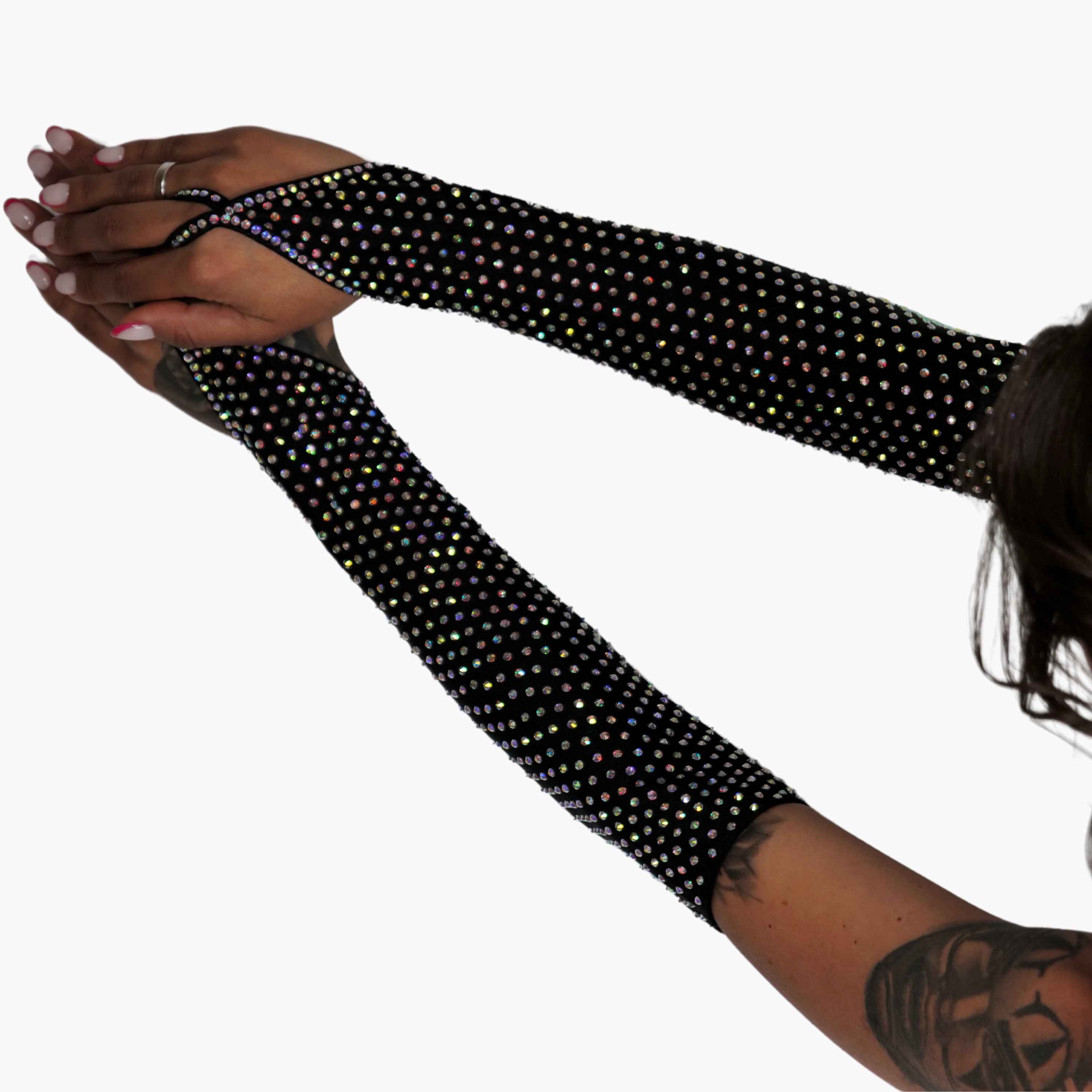 Rhinestone Gloves Perfect for Stripper Outfits, Sparkling Gloves, Exotic Dancewear, Long Mesh Fingerless Gloves for Burlesque Costume