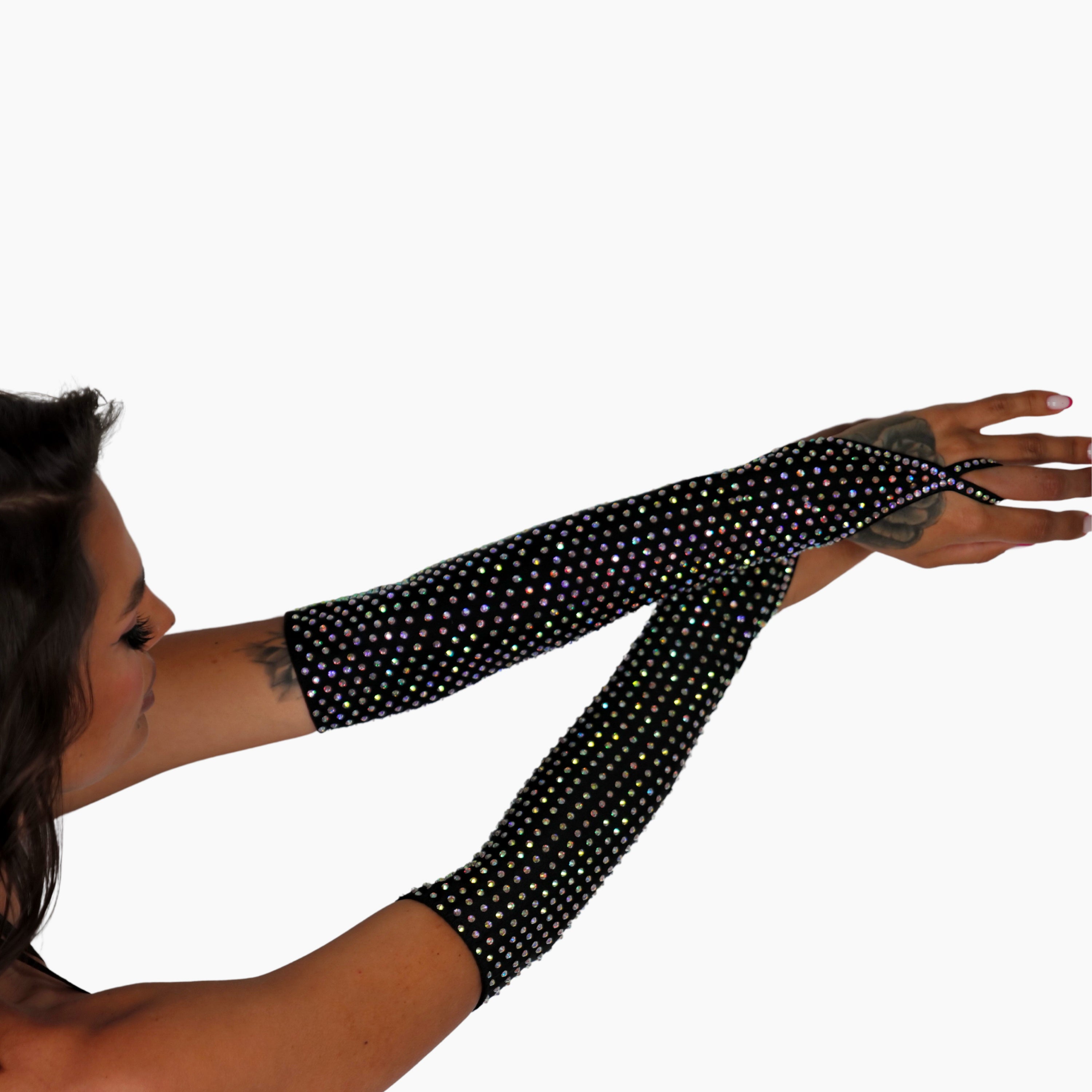 Rhinestone Gloves Perfect for Stripper Outfits, Sparkling Gloves, Exotic Dancewear, Long Mesh Fingerless Gloves for Burlesque Costume
