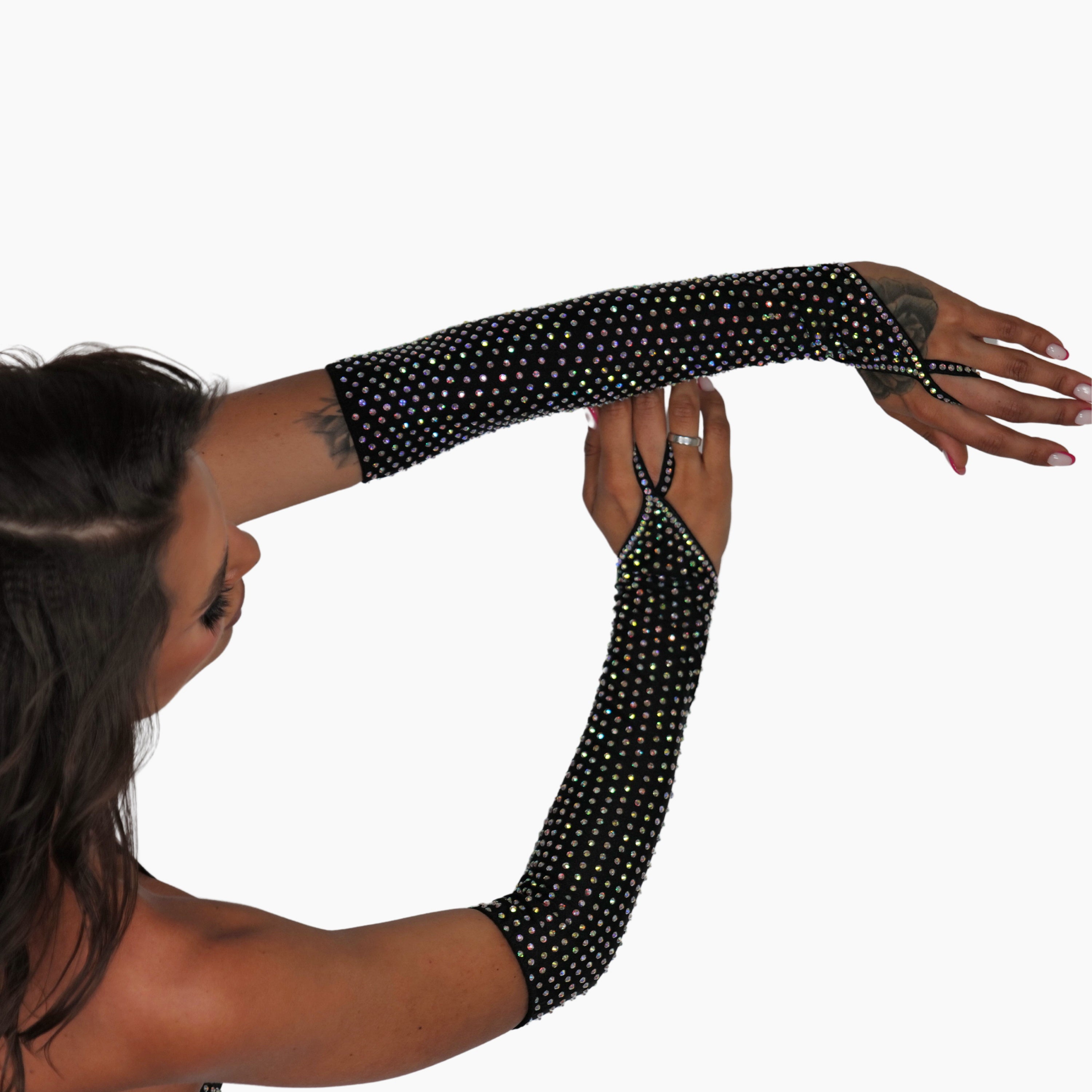 Rhinestone Gloves Perfect for Stripper Outfits, Sparkling Gloves, Exotic Dancewear, Long Mesh Fingerless Gloves for Burlesque Costume
