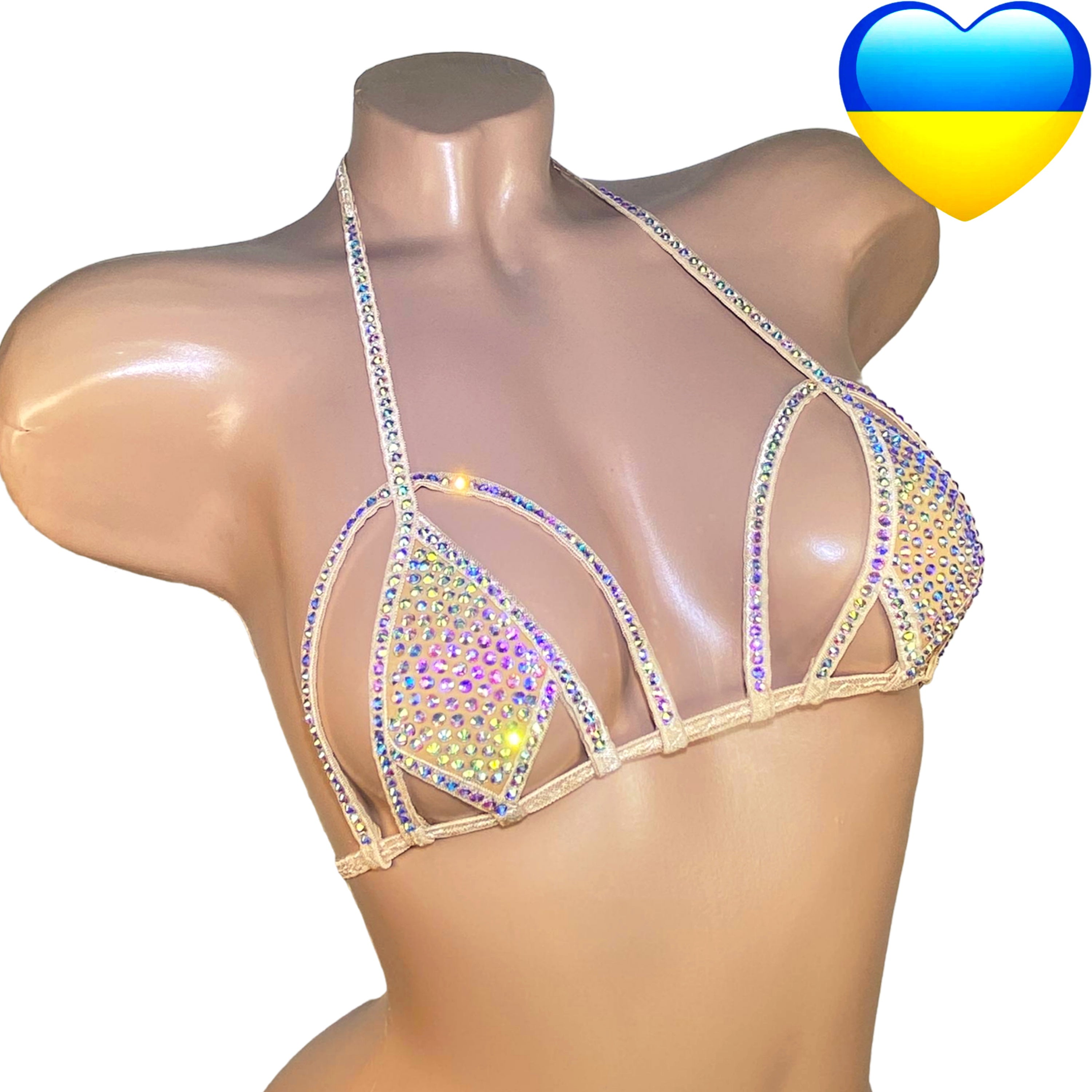 Top stripper Rhinestone bra, Burlesque bra perfect beach wear, Stripper Bikini, Diamond top, Swarovski bra, Top cheeky festival, Crystal bra