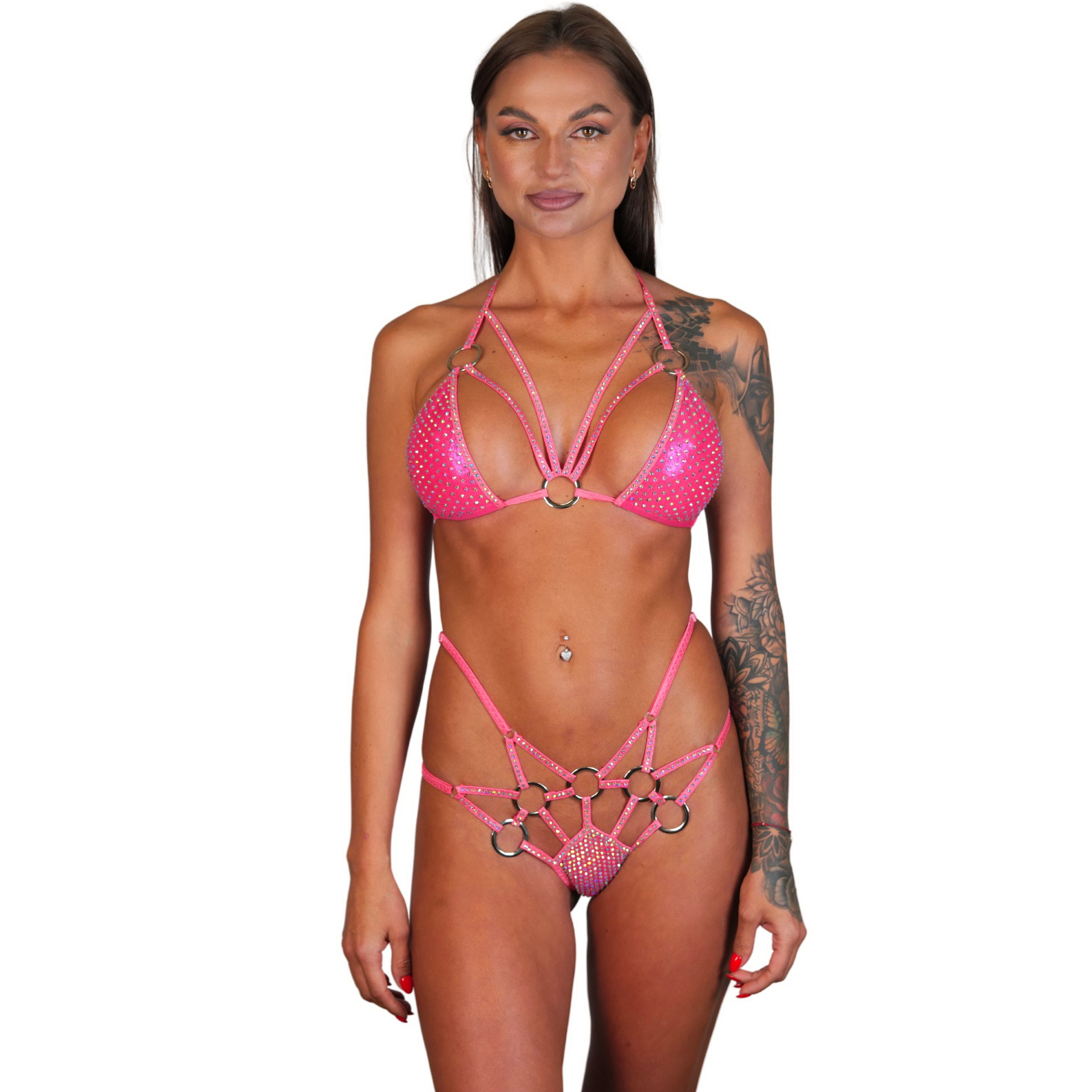 Stripper Bikini, Exotic Dancewear and Stripper Outfits Rhinestone Bikini, Aesthetic Bikini for Burlesque Costume Pink Bikini Set glitzer top