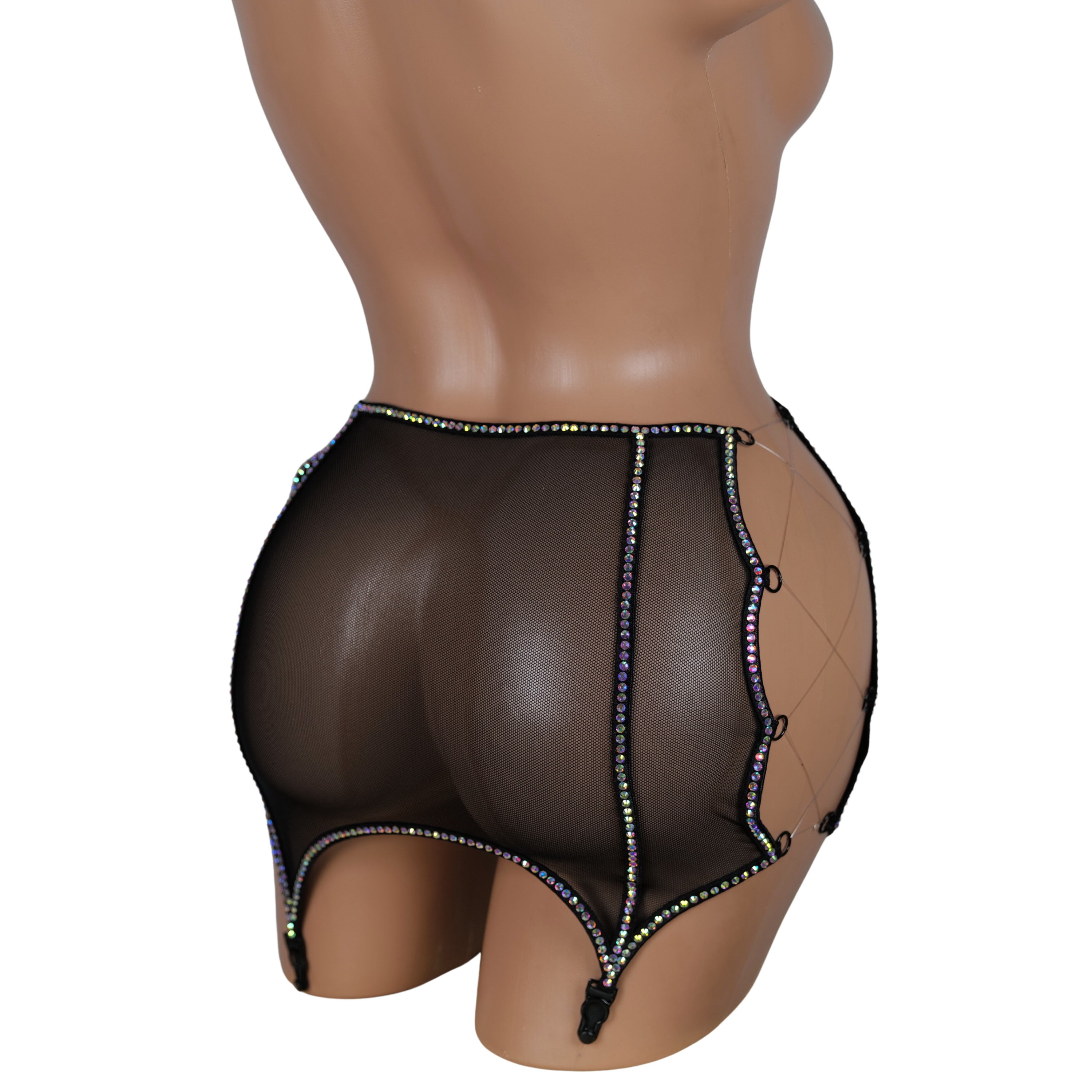 Exotic Dancewear Micro Mini Skirt, See Through Skirt, Black Rhinestone Skirt, Crystal Garter & Mini Skirt for Burlesque Costume, Stripper
