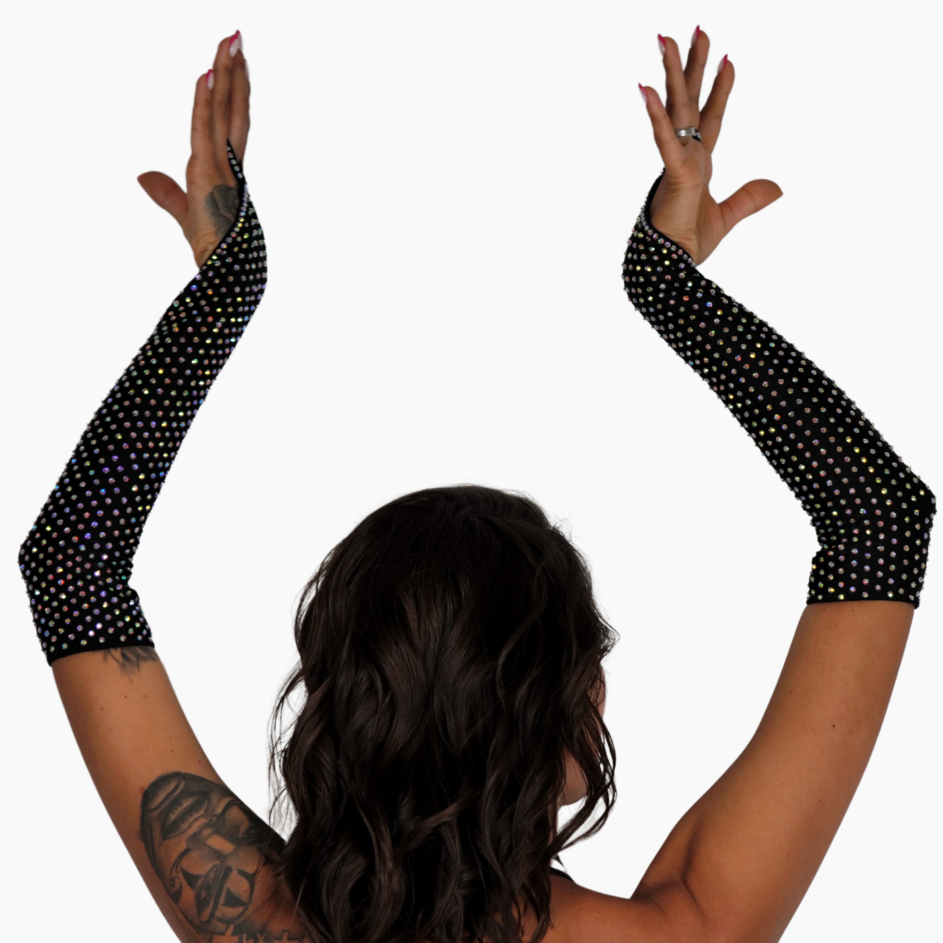 Rhinestone Gloves Perfect for Stripper Outfits, Sparkling Gloves, Exotic Dancewear, Long Mesh Fingerless Gloves for Burlesque Costume