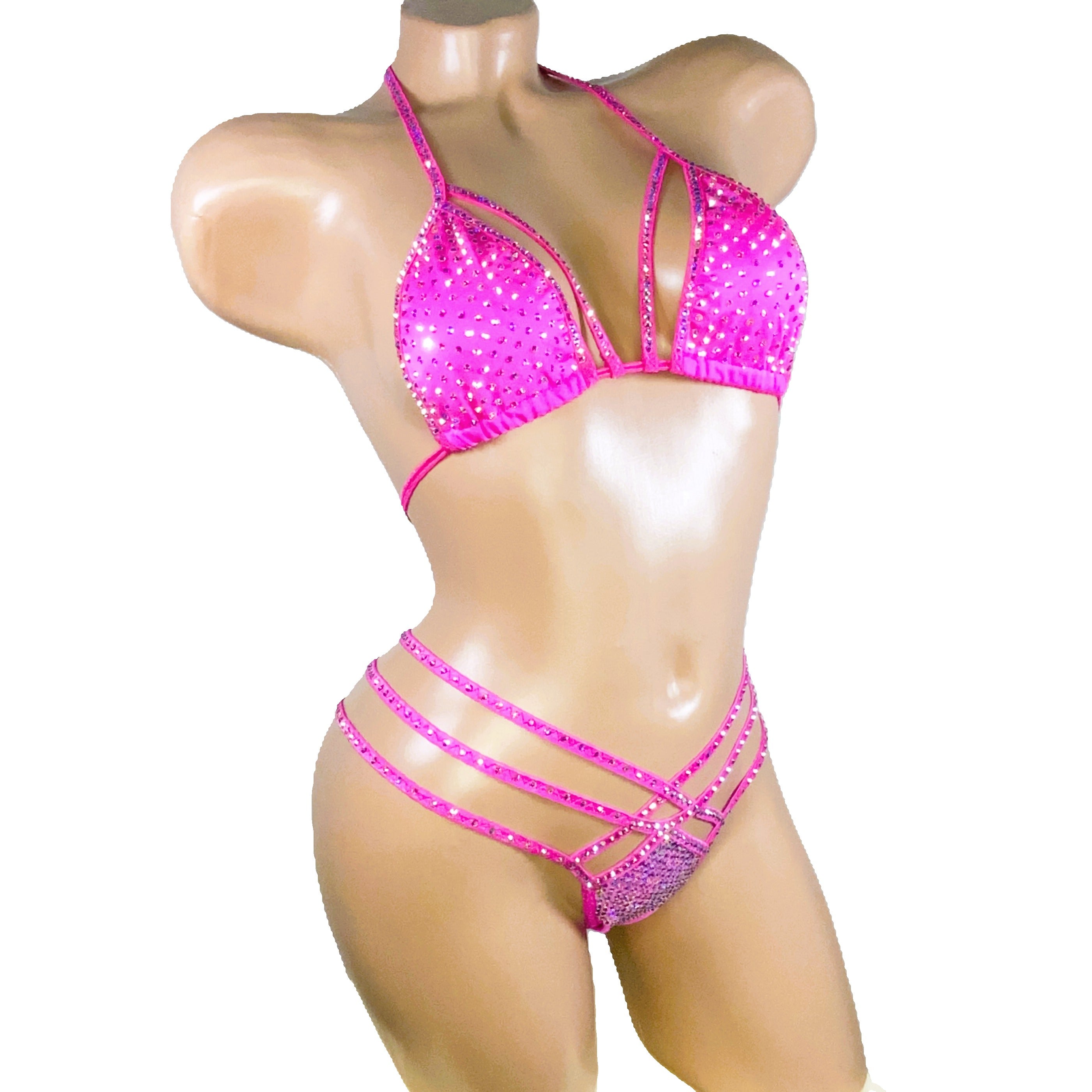 Pink bikini rhinestone swimsuit erotic bikini festival stripper outfits dance wear bathing suit bikini holiday triangle top unique lingerie